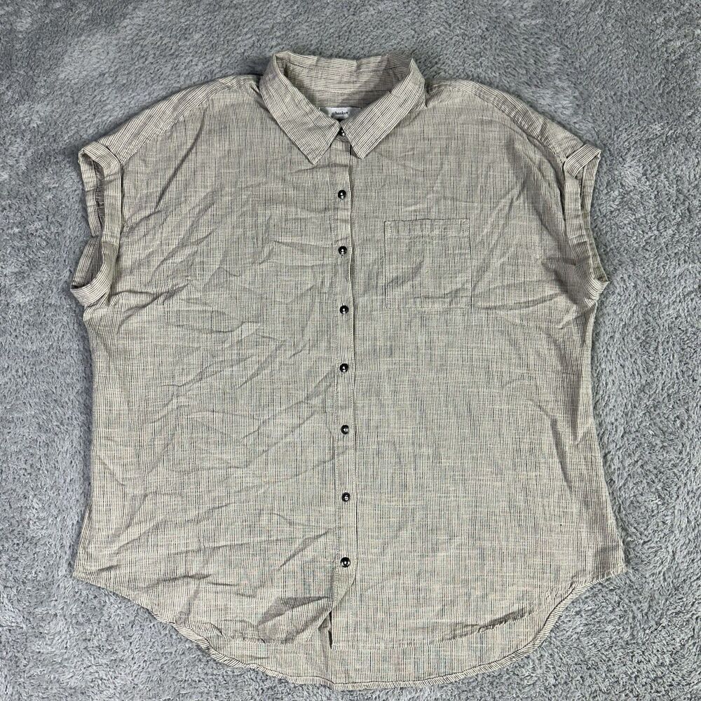 CJ Banks Women's Lightweight Button Up Top 1X Beige Navy Stripes Cotton